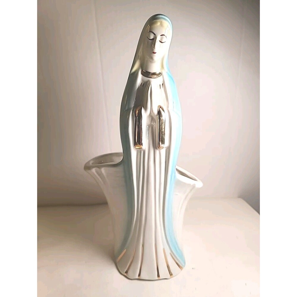 Vintage Madonna Virgin Mary Folded Arms White Ceramic Figurine Planter 11"